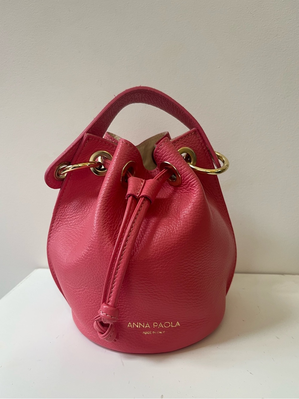 Anna Paola Italy Pink Leather Drawstring Bucket Bag